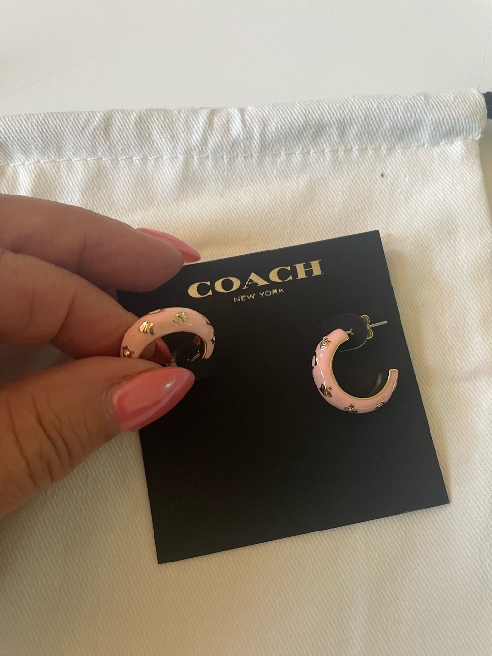 Coach Pink Enamel Hoop Earrings with Gold Studs - Picture 3 of 4